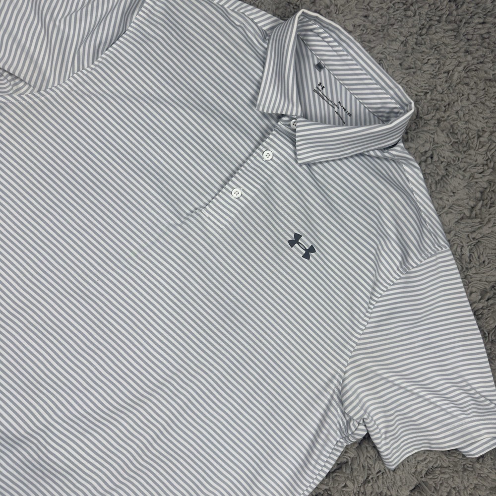 Under Armour Polo Shirt Mens XL Gray Stripe HeatGear Golf Loose Fit Performance